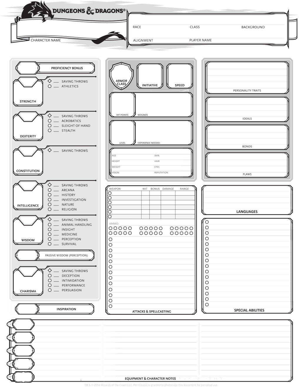 Dungeons & Dragons 5th Edition Character Sheet